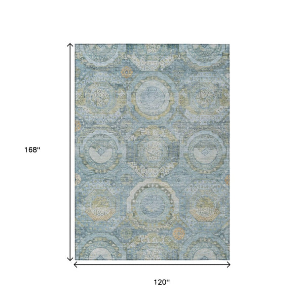 HomeRoots 5' Blue and Gold Medallion Indoor/Outdoor Area Rug - Durable, Washable, Stylish for Any Space 10' X 14' 616567