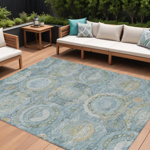 HomeRoots 5' Blue and Gold Medallion Indoor/Outdoor Area Rug - Durable, Washable, Stylish for Any Space 10' X 14' 616567