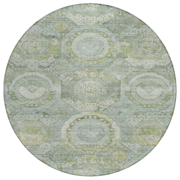 HomeRoots 5' Sage and Gold Medallion Area Rug – Timeless, Durable, and Washable for Indoor & Outdoor Spaces 8' Round 616576