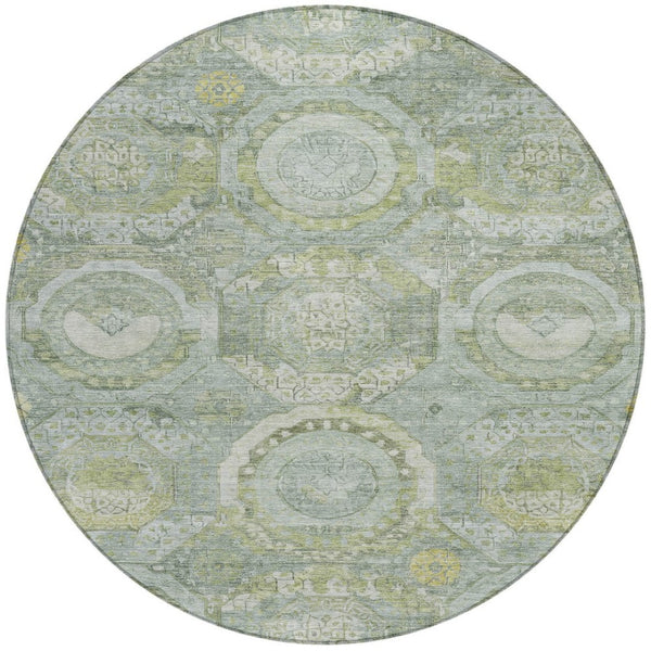 HomeRoots 5' Sage and Gold Medallion Area Rug – Timeless, Durable, and Washable for Indoor & Outdoor Spaces 8' Round 616576
