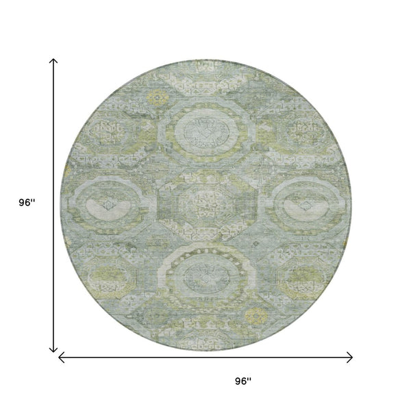 HomeRoots 5' Sage and Gold Medallion Area Rug – Timeless, Durable, and Washable for Indoor & Outdoor Spaces 8' Round 616576