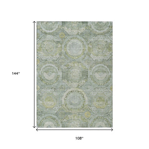 HomeRoots 9' X 12' Sage and Gold Medallion Rug - Durable, Washable Area Rug for Indoor and Outdoor Use 616578