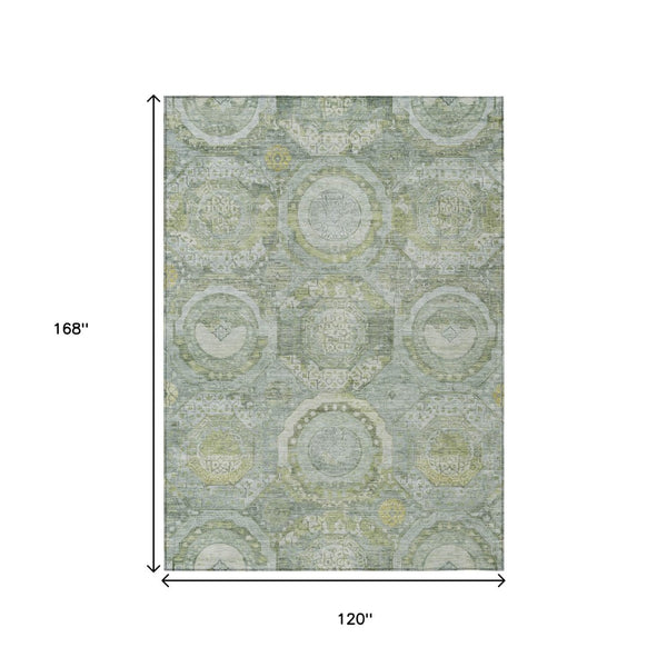 HomeRoots 5' Sage and Gold Medallion Area Rug – Timeless, Durable, and Washable for Indoor & Outdoor Spaces 10' X 14' 616579