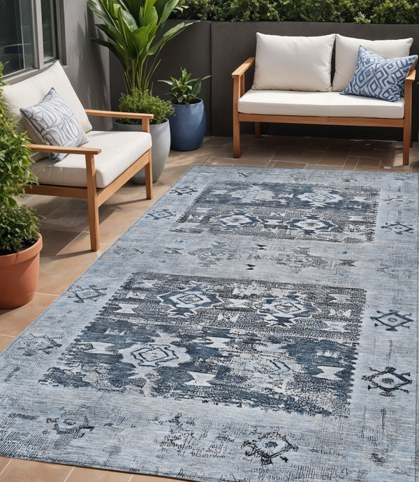 HomeRoots 5' Blue and Denim Blue Aztec Indoor Outdoor Area Rug - Stylish, Washable, and Durable for Any Space 5' X 8' 616593