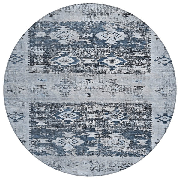 HomeRoots 5' Blue and Denim Blue Aztec Indoor Outdoor Area Rug - Stylish, Washable, and Durable for Any Space 8' Round 616594