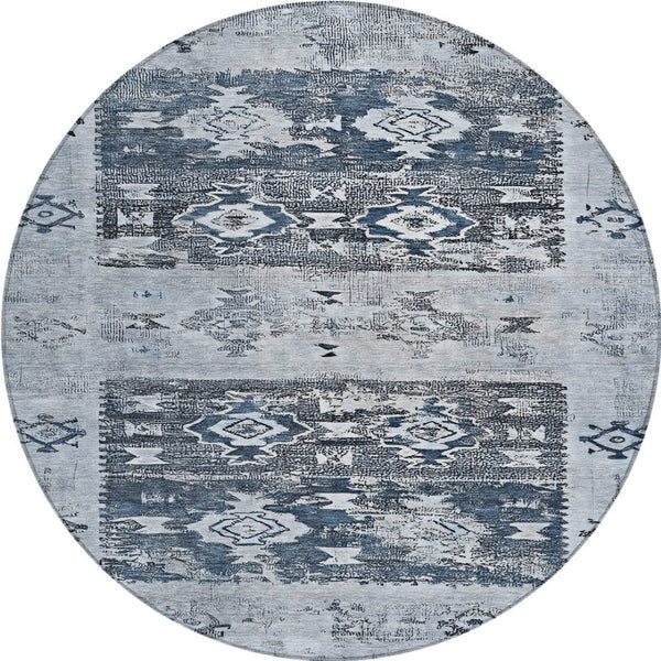 HomeRoots 5' Blue and Denim Blue Aztec Indoor Outdoor Area Rug - Stylish, Washable, and Durable for Any Space 8' Round 616594