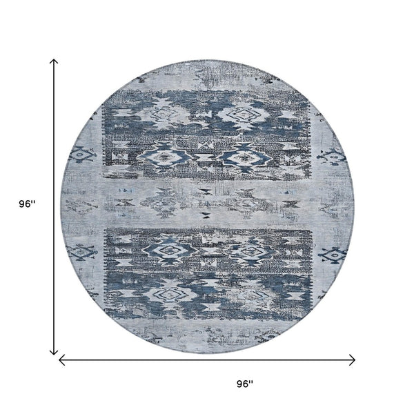 HomeRoots 5' Blue and Denim Blue Aztec Indoor Outdoor Area Rug - Stylish, Washable, and Durable for Any Space 8' Round 616594