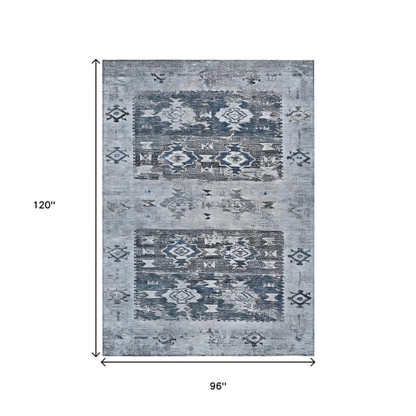 HomeRoots 5' Blue and Denim Blue Aztec Indoor Outdoor Area Rug - Stylish, Washable, and Durable for Any Space 8' X 10' 616595