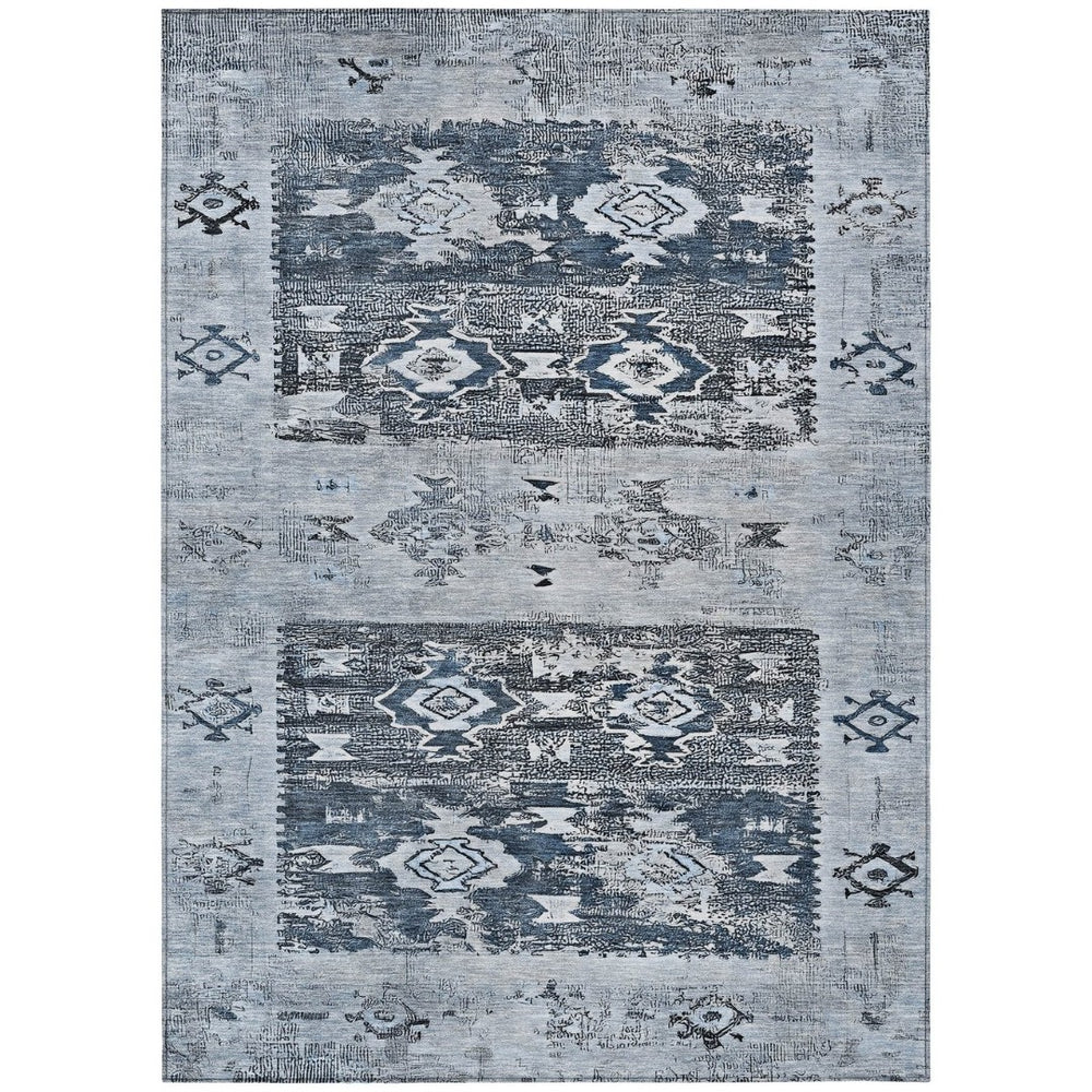 HomeRoots 5' Blue and Denim Blue Aztec Indoor Outdoor Area Rug - Stylish, Washable, and Durable for Any Space 8' X 10' 616595