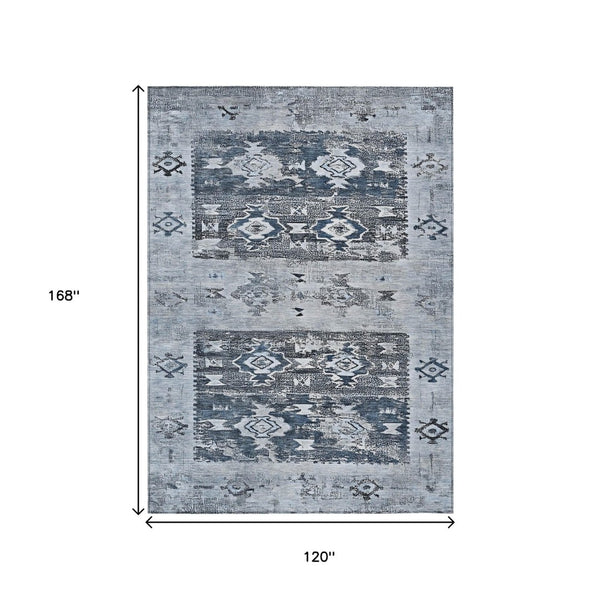 HomeRoots 5' Blue and Denim Blue Aztec Indoor Outdoor Area Rug - Stylish, Washable, and Durable for Any Space 10' X 14' 616597