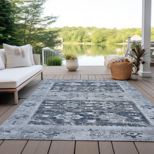 HomeRoots 5' Blue and Denim Blue Aztec Indoor Outdoor Area Rug - Stylish, Washable, and Durable for Any Space 10' X 14' 616597