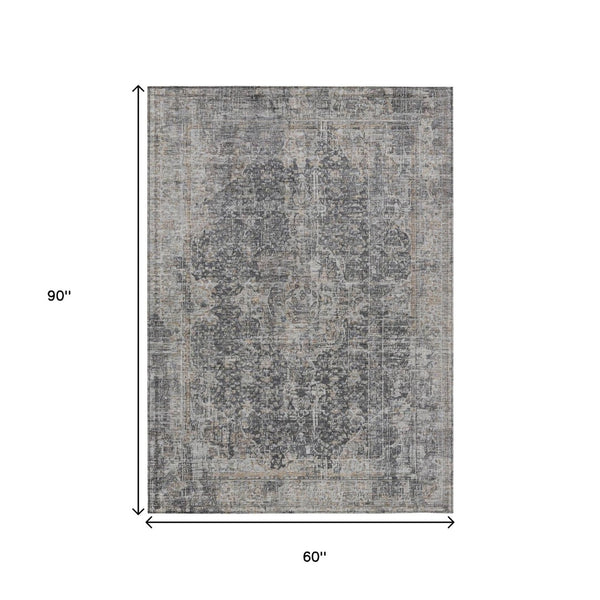 HomeRoots 5' Charcoal and Silver Abstract Area Rug - Stylish, Washable, Durable for Indoor and Outdoor Spaces 5' X 8' 616605