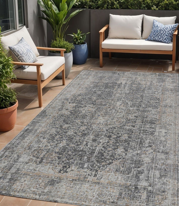HomeRoots 5' Charcoal and Silver Abstract Area Rug - Stylish, Washable, Durable for Indoor and Outdoor Spaces 5' X 8' 616605