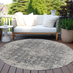 HomeRoots 5' Charcoal and Silver Abstract Area Rug - Stylish, Washable, Durable for Indoor and Outdoor Spaces 8' Round 616606