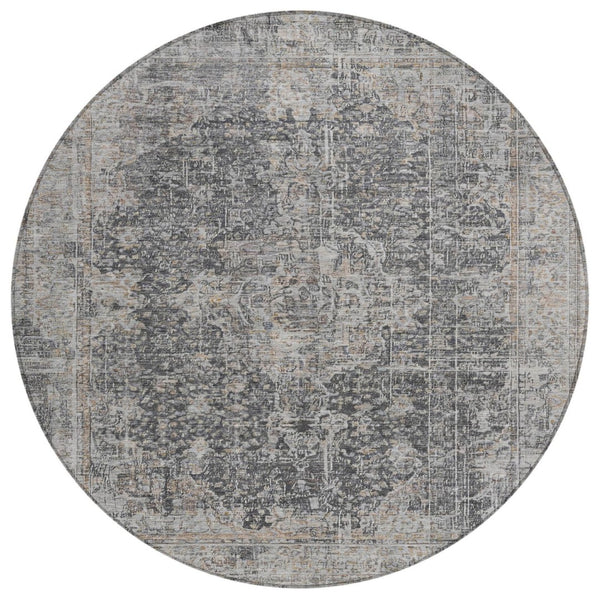 HomeRoots 5' Charcoal and Silver Abstract Area Rug - Stylish, Washable, Durable for Indoor and Outdoor Spaces 8' Round 616606