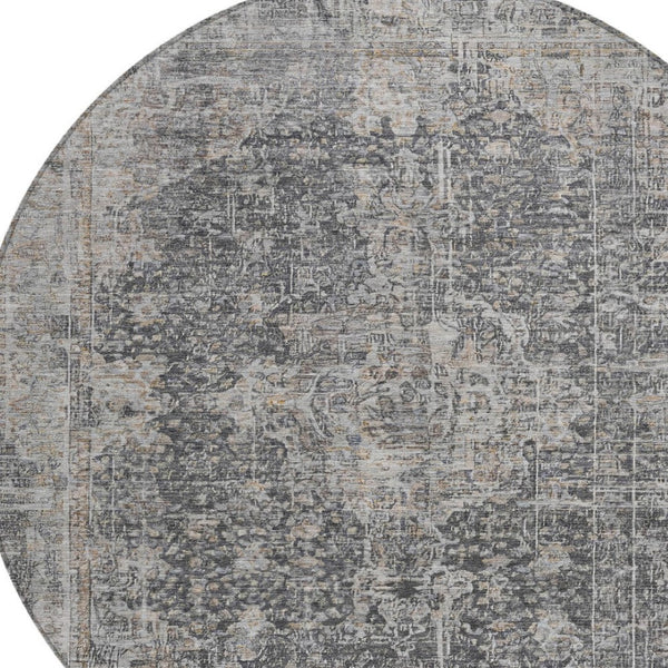 HomeRoots 5' Charcoal and Silver Abstract Area Rug - Stylish, Washable, Durable for Indoor and Outdoor Spaces 8' Round 616606