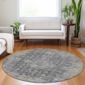 HomeRoots 5' Charcoal and Silver Abstract Area Rug - Stylish, Washable, Durable for Indoor and Outdoor Spaces 8' Round 616606