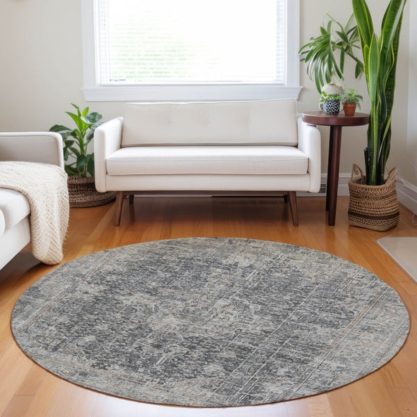 HomeRoots 5' Charcoal and Silver Abstract Area Rug - Stylish, Washable, Durable for Indoor and Outdoor Spaces 8' Round 616606