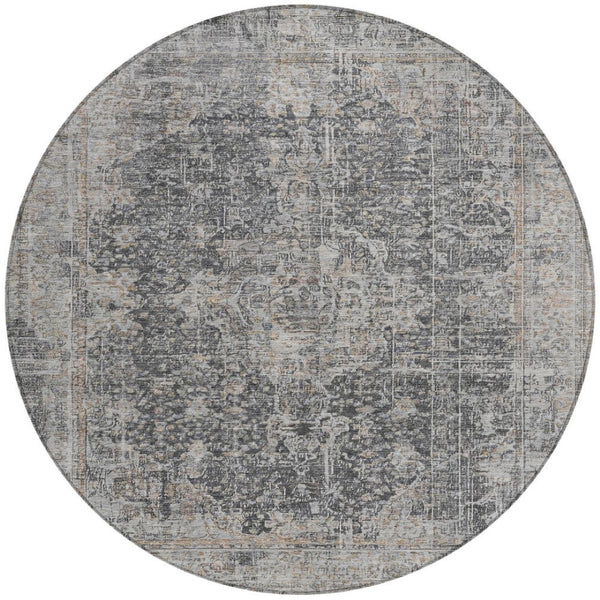 HomeRoots 5' Charcoal and Silver Abstract Area Rug - Stylish, Washable, Durable for Indoor and Outdoor Spaces 8' Round 616606