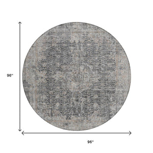 HomeRoots 5' Charcoal and Silver Abstract Area Rug - Stylish, Washable, Durable for Indoor and Outdoor Spaces 8' Round 616606