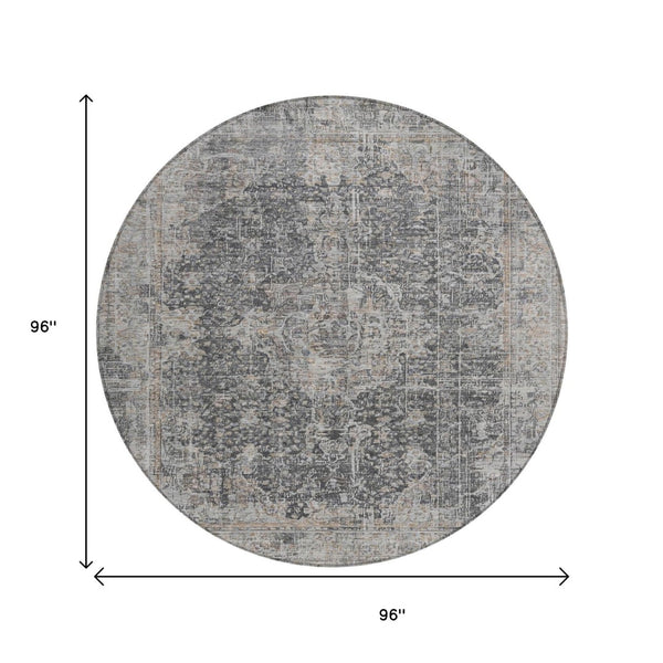 HomeRoots 5' Charcoal and Silver Abstract Area Rug - Stylish, Washable, Durable for Indoor and Outdoor Spaces 8' Round 616606