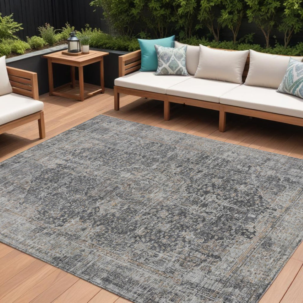 HomeRoots 9' Charcoal and Silver Abstract Washable Area Rug – Durable Indoor/Outdoor Design for Modern Spaces 616608