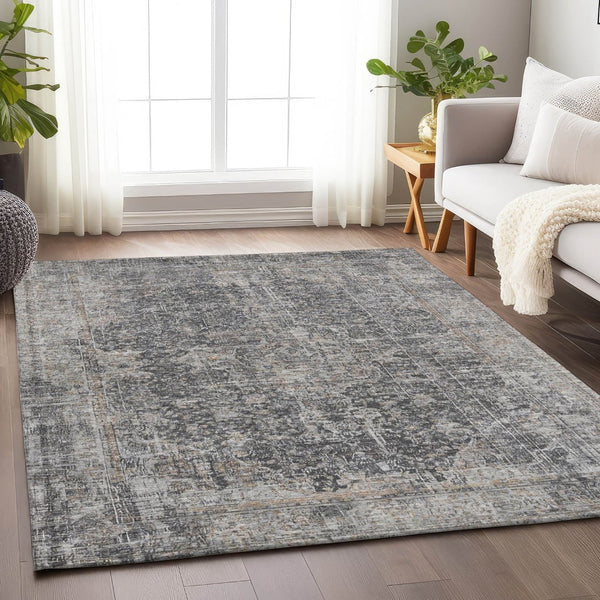 HomeRoots 5' Charcoal and Silver Abstract Area Rug - Stylish, Washable, Durable for Indoor and Outdoor Spaces 10' X 14' 616609