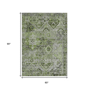 HomeRoots 5' Elegant Artichoke Green and Gray Floral Medallion Rug – Durable, Washable for Indoor & Outdoor Use 5' X 8' 616611