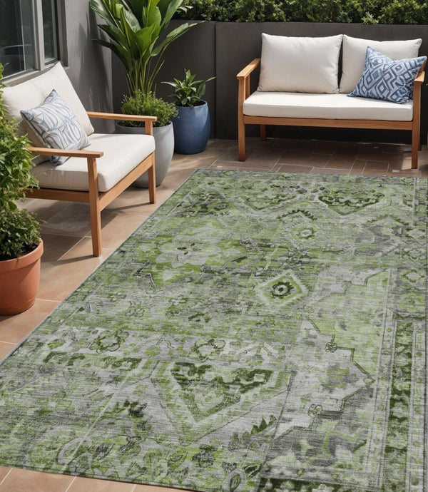 HomeRoots 5' Elegant Artichoke Green and Gray Floral Medallion Rug – Durable, Washable for Indoor & Outdoor Use 5' X 8' 616611