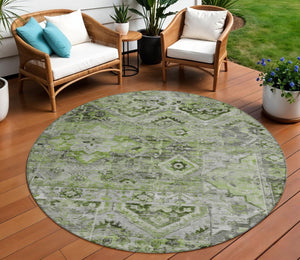 HomeRoots 5' Elegant Artichoke Green and Gray Floral Medallion Rug – Durable, Washable for Indoor & Outdoor Use 8' Round 616612