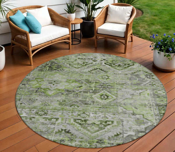 HomeRoots 5' Elegant Artichoke Green and Gray Floral Medallion Rug – Durable, Washable for Indoor & Outdoor Use 8' Round 616612