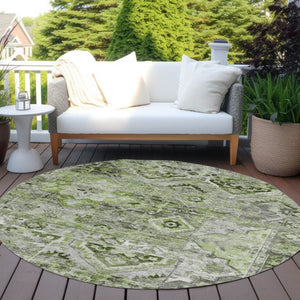 HomeRoots 5' Elegant Artichoke Green and Gray Floral Medallion Rug – Durable, Washable for Indoor & Outdoor Use 8' Round 616612