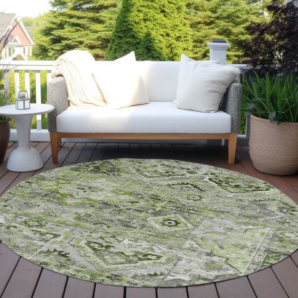 HomeRoots 5' Elegant Artichoke Green and Gray Floral Medallion Rug – Durable, Washable for Indoor & Outdoor Use 8' Round 616612