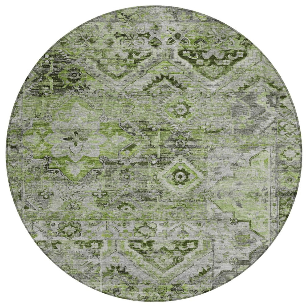 HomeRoots 5' Elegant Artichoke Green and Gray Floral Medallion Rug – Durable, Washable for Indoor & Outdoor Use 8' Round 616612