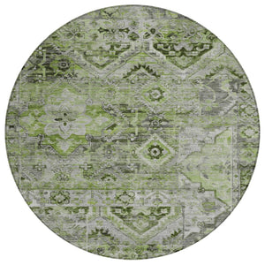 HomeRoots 5' Elegant Artichoke Green and Gray Floral Medallion Rug – Durable, Washable for Indoor & Outdoor Use 8' Round 616612