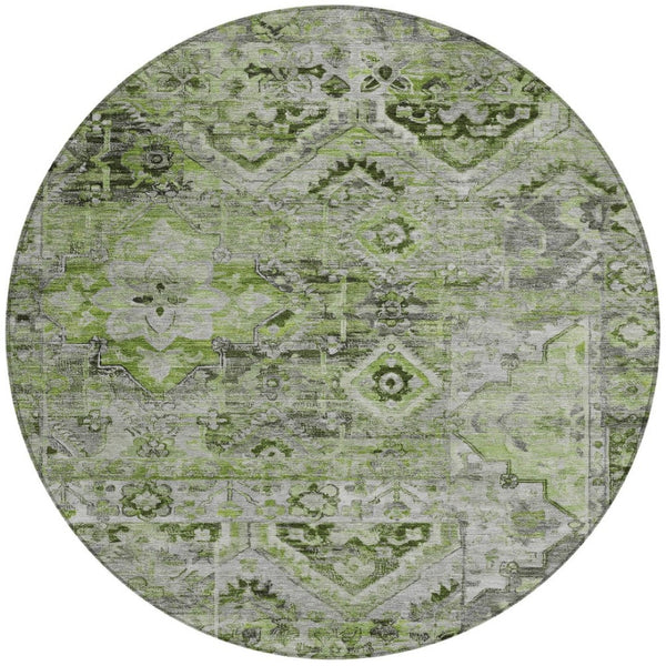 HomeRoots 5' Elegant Artichoke Green and Gray Floral Medallion Rug – Durable, Washable for Indoor & Outdoor Use 8' Round 616612