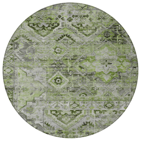 HomeRoots 5' Elegant Artichoke Green and Gray Floral Medallion Rug – Durable, Washable for Indoor & Outdoor Use 8' Round 616612