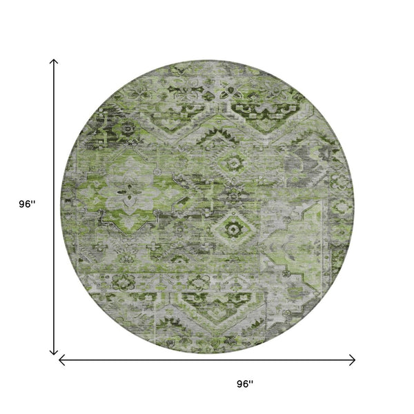 HomeRoots 5' Elegant Artichoke Green and Gray Floral Medallion Rug – Durable, Washable for Indoor & Outdoor Use 8' Round 616612