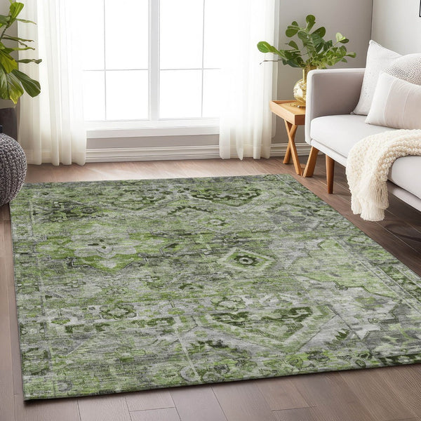 HomeRoots 5' Elegant Artichoke Green and Gray Floral Medallion Rug – Durable, Washable for Indoor & Outdoor Use 8' X 10' 616613