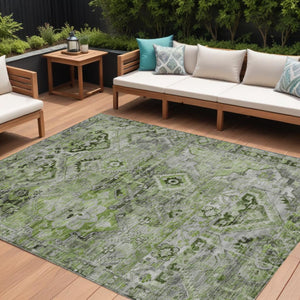 HomeRoots 5' Elegant Artichoke Green and Gray Floral Medallion Rug – Durable, Washable for Indoor & Outdoor Use 9' X 12' 616614