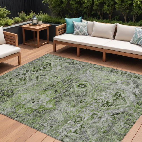 HomeRoots 5' Elegant Artichoke Green and Gray Floral Medallion Rug – Durable, Washable for Indoor & Outdoor Use 9' X 12' 616614