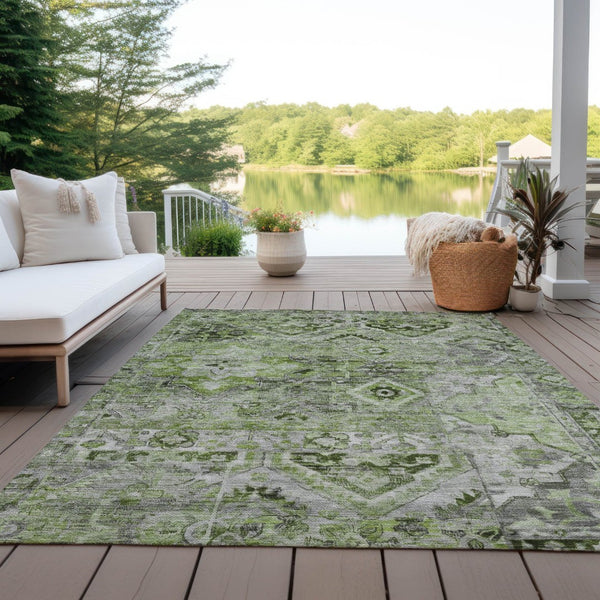 HomeRoots 5' Elegant Artichoke Green and Gray Floral Medallion Rug – Durable, Washable for Indoor & Outdoor Use 10' X 14' 616615