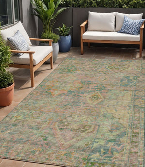 HomeRoots 5' Floral Medallion Indoor Outdoor Area Rug in Green Teal Blue and Mauve - Machine Washable & Durable 5' X 8' 616617