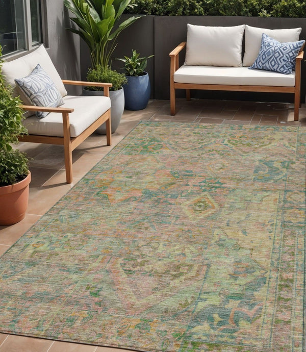 HomeRoots 5' Floral Medallion Indoor Outdoor Area Rug in Green Teal Blue and Mauve - Machine Washable & Durable 5' X 8' 616617