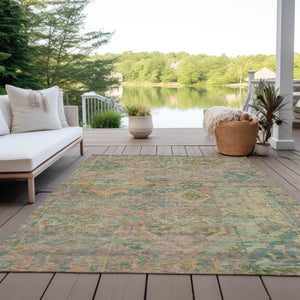 HomeRoots 5' Floral Medallion Indoor Outdoor Area Rug in Green Teal Blue and Mauve - Machine Washable & Durable 5' X 8' 616617