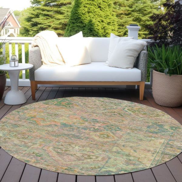 HomeRoots 5' Floral Medallion Indoor Outdoor Area Rug in Green Teal Blue and Mauve - Machine Washable & Durable 8' Round 616618