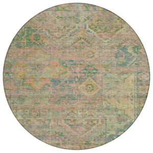 HomeRoots 5' Floral Medallion Indoor Outdoor Area Rug in Green Teal Blue and Mauve - Machine Washable & Durable 8' Round 616618