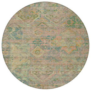 HomeRoots 5' Floral Medallion Indoor Outdoor Area Rug in Green Teal Blue and Mauve - Machine Washable & Durable 8' Round 616618