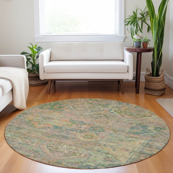 HomeRoots 5' Floral Medallion Indoor Outdoor Area Rug in Green Teal Blue and Mauve - Machine Washable & Durable 8' Round 616618