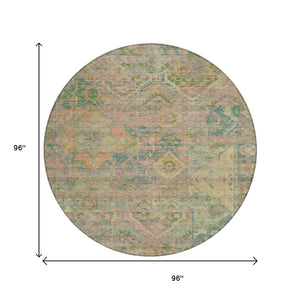 HomeRoots 5' Floral Medallion Indoor Outdoor Area Rug in Green Teal Blue and Mauve - Machine Washable & Durable 8' Round 616618